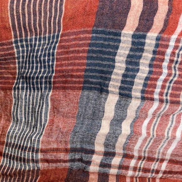 prana rusty red blue tartan plaid wool modal fringe trim shawl wrap scarf - Picture 3 of 4